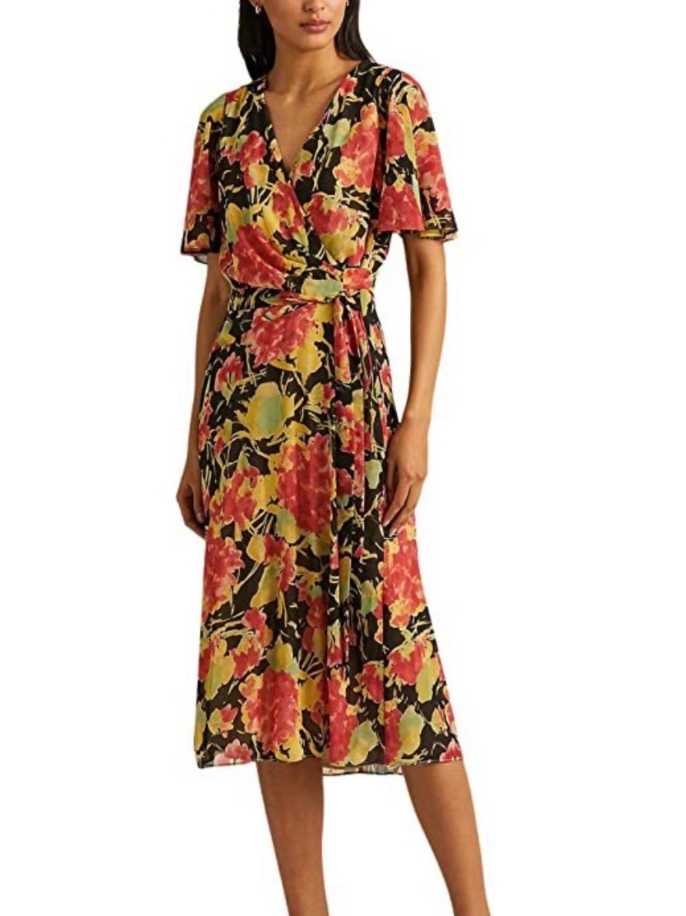Floral Wrap Midi Dress in Black with Coral & Olive Ralph Lauren
